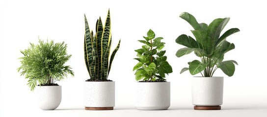 Four potted plants in white containers, arranged in a row against a white background;  a varied collection showing diverse foliage textures and shapes