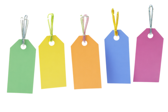 Colorful Festive Gift Tags with Various Shapes and Colors on Transparent Background Ideal for Celebrations