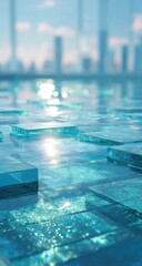 Teal glass tiles reflect a blurred cityscape under a bright, hazy sky
