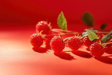Ripe raspberries with green leaves isolated on vivid red background. Use for healthy food promotions or summer fruit ads concept.