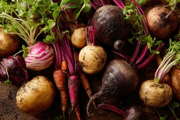 Top-down view of assorted root vegetables and vibrant red-veined microgreens