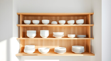 White bowls and plates resting on wooden shelves in modern kitchen