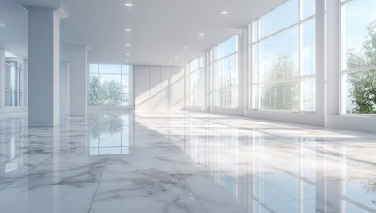 Sunlit, minimalist interior with expansive windows, polished marble floors, and white walls, creating a bright, spacious feel