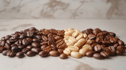 Fototapeta premium Coffee beans, light and dark roast, arranged on a marble surface. Perfect for illustrating coffee blends, roasting process, or flavor profiles.