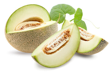 sliced melon with green leaves isolated on white background. fresh melon. clipping path