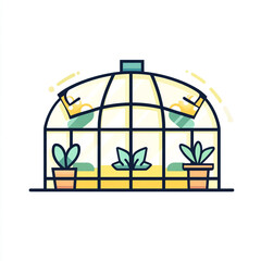 A simple, flat vector icon of a blue-framed greenhouse containing three potted plants, set against a white background.