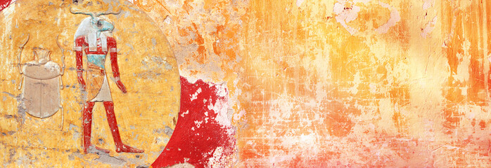 Horizontal background with ancient Egyptian-inspired colorful wall painting that evokes atmosphere...