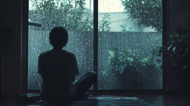Calm atmosphere captured indoors with rain and thoughtful woman high resolution picture