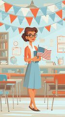 Young teacher smiles while holding US flags in decorated class