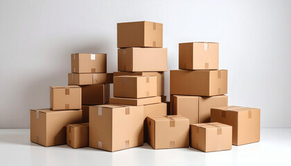 Stack of Brown Cardboard Shipping Boxes on White Background Packaging and Shipping Supplies for Efficient Storage and Transport