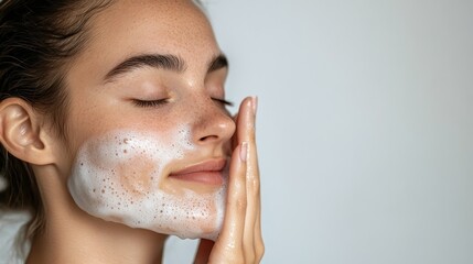 Young woman cleansing her face with white, foamy cleanser, eyes closed. Ideal for skincare ads, beauty blogs, or wellness product promotions.