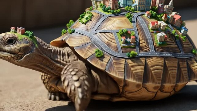 Miniature City on a Giant Tortoise's Back
