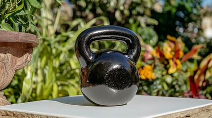Black kettlebell in garden setting fitness exercise and wellness