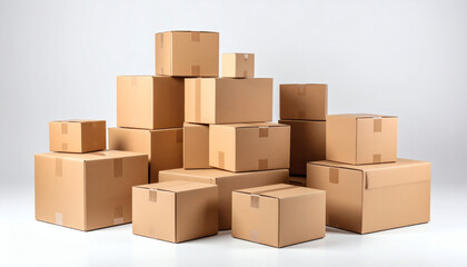 Stack of Brown Cardboard Shipping Boxes on White Background Packaging and Shipping Supplies for Efficient Storage and Transport