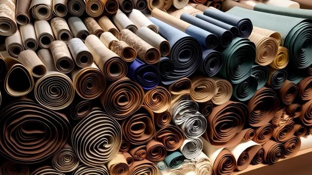 Rolls of multicolored wallpaper and fabrics neatly stacked and organized for interior design projects or home improvement supplies