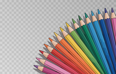 Colorful crayon colored pencil set png. Back to school concept with colorful crayons on isolated transparent background. Vector multicolored pencils illustration.