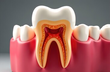 gum with teeth in the section. Teeth have caries and dark spots. Dental diseases. Treatment of pulpitis. advertising of a dental clinic. medical concept.