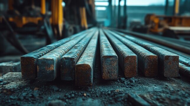 Neatly stacked, square metal bars on gritty ground, a factory background. Use it for industrial, construction, or manufacturing themed project.