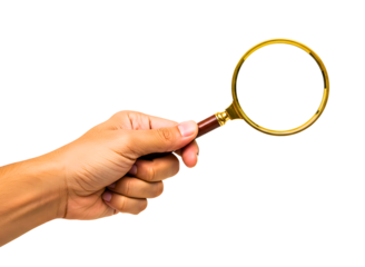 Hand holding magnifying glass isolated on transparent background