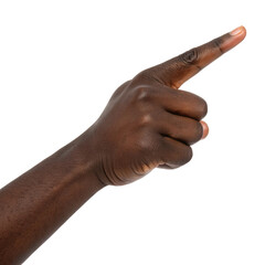 Dark skinned hand with finger pointing straight up against a white background, isolated for clarity and focus