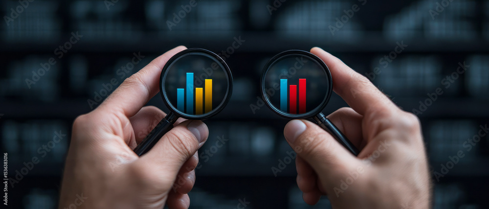 Aufkleber analyzing data trends with magnifying glasses over colorful bar graphs in business environment