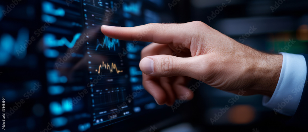 Poster business professional analyzing financial data on touchscreen with graphs and charts displayed
