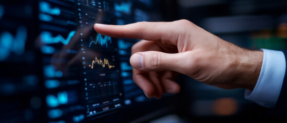 Fototapeta premium Business Professional Analyzing Financial Data on Touchscreen with Graphs and Charts Displayed