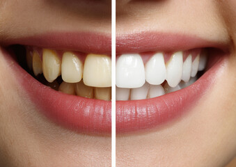 close up of woman before-and-after dental cleaning treatment
