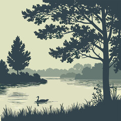 Silhouette vector of a tranquil lake with reflections, ideal for nature-themed designs, peaceful landscapes, outdoor scenes, and serene environmental illustrations.