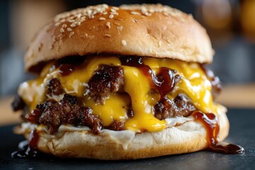 Ultimate messy cheeseburger dripping with sauce