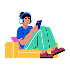 Flat style illustration showing character listening music with headphones
