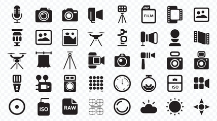 Black Photography and Filmmaking Icon Set: Camera, Tripod, Drone, Microphone Vector