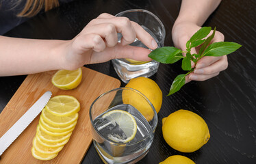 Mineral water to drink in a glass with a slice of lemon and mint leaves