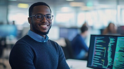 A young Black male software engineer smiles confidently in a modern office setting, showcasing a friendly and professional demeanor while coding on his computer.