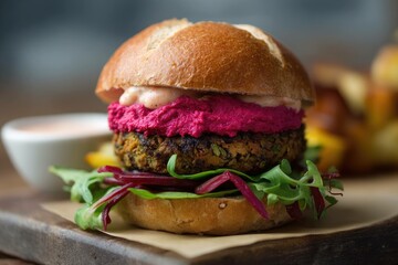 Vegan lentil burger with beet hummus
