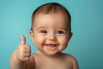 Cute baby gives a thumbs up with bright blue studio backdrop. Ideal for illustrating approval, happiness, or positive concepts.