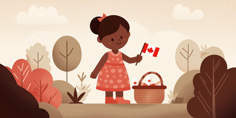 Toddler waves mini Canada flag beside picnic basket in flat style