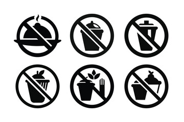 Collection of No Food or Drink Allowed Symbols Demonstrating Prohibition of Eating or Drinking on Premises Regulations and Guidelines