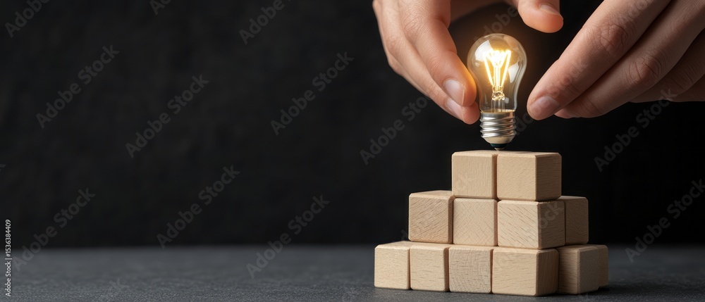 Poster innovative thinking concept with light bulb and building blocks stacked on dark background
