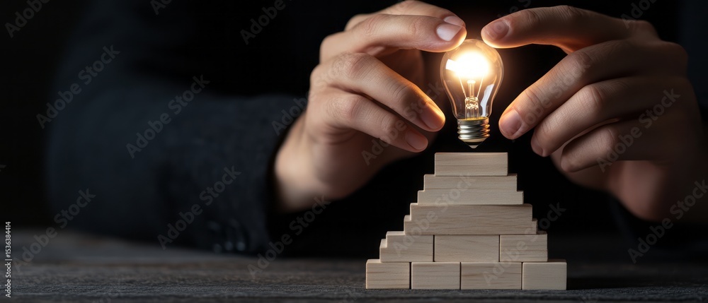 Poster light bulb above wooden blocks creating a pyramid structure representing ideas and innovation