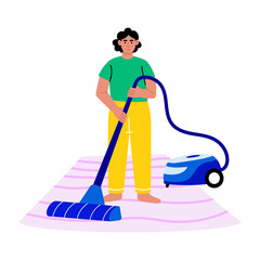 Flat illustration showing a person cleaning with a vacuuming machine