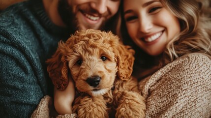 Smiling couple cuddles a golden doodle puppy, showing affection and love. Perfect for illustrating pet ownership, family, and the joys of companionship.