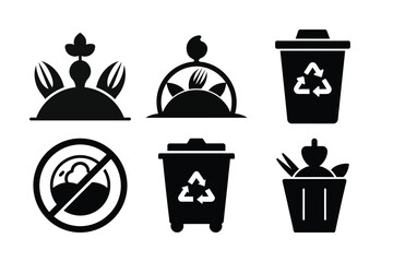 Collection of Environmental Icons for Sustainable Living and Waste Management Practices Illustrated in Black and White