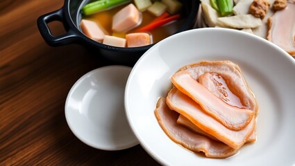 Close-up of thin pork slices layered on a white ceramic plate beside a black Shabu-Shabu hot pot filled with simmering broth and fresh vegetablesClose-up of thin pork slices layered on a white ceramic