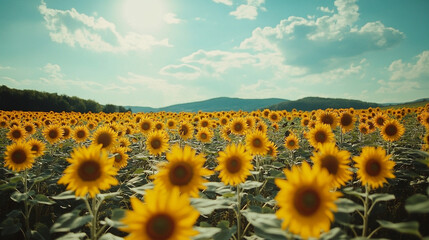 Vast sunflower fields bloom under a bright blue sky in Ukraine. Vibrant yellow flowers stretch across the landscape, showcasing agricultural beauty and natural serenity with ample copy space.