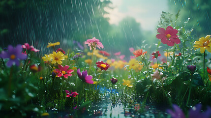 Colorful flowers glisten with raindrops in vibrant garden during gentle rainfall moment high resolution picture