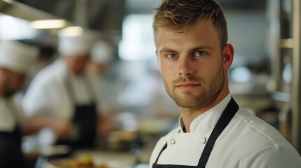 Fototapeta premium A young European male chef in his late 20s poses confidently in a modern kitchen. His focused expression reflects passion and professionalism in the culinary arts.