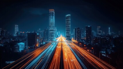 Fototapeta premium A glowing bridge connecting two futuristic skyscrapers above a luminous cityscape 