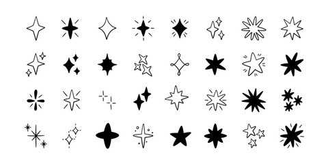 Doodle glitter twinkle star icons set. Hand drawn shine star burst symbol. Sketch magic blink collection. Doodle spark shape icons. Vector illustration on white background.