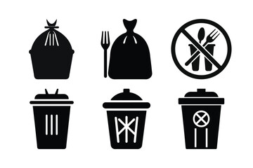 Variety of Trash and Waste Disposal Icons Illustrating Different Types of Garbage and Rules